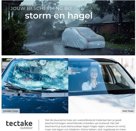 Vergelijking van een auto met en zonder authoes, met de voorruit gebroken door hagel aan de linkerkant en intact aan de rechterkant.
