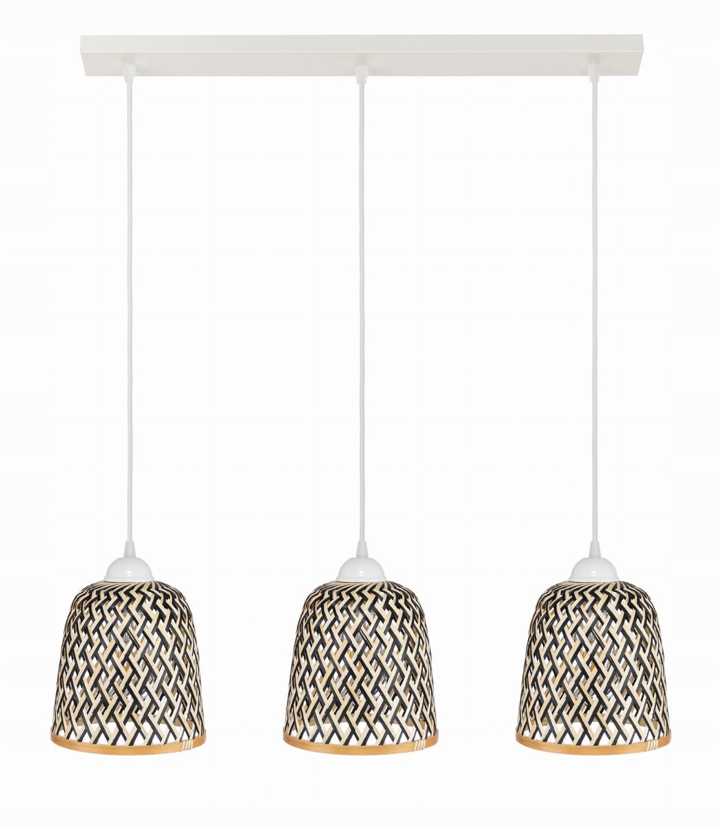 Driepunts hanglamp bamboe kappen wit metaal E27