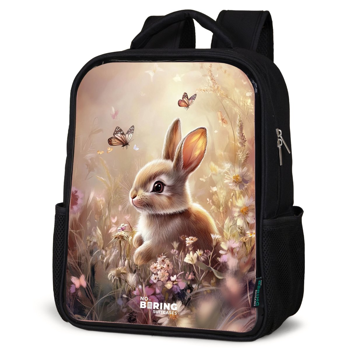 NoBoringSuitcases.com® - Rugzak zwart meisjes - Schooltas meisje - NoBoringSuitcases.com® - Rugzak zwart - Schooltas jongen & meisje - Bloemen - Bruin - Konijntje - Vlinder - Rugtas voor school - Boekentas kind - Schoolrugzak - Kinderrugzak