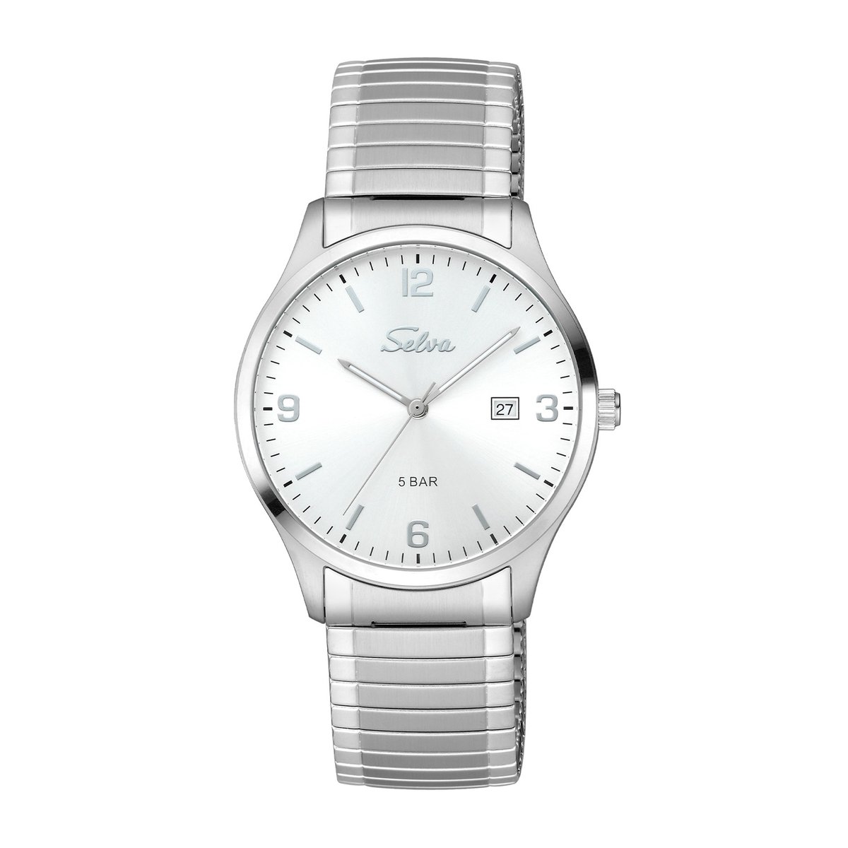 SELVA heren polshorloge, quartz, index en cijfers, roestvrijstalen kast, flexibele band, 5 bar