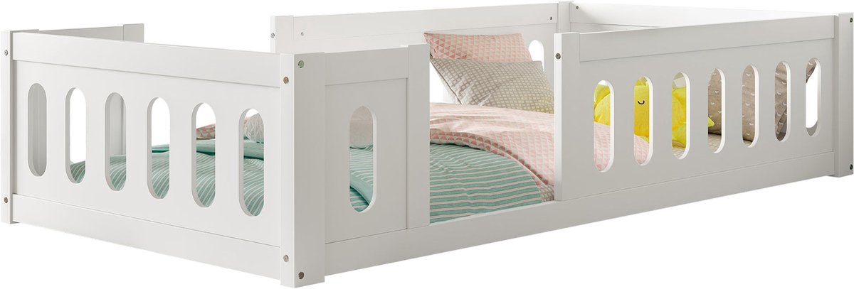 Merax Houten Kinderbed - 90x200cm - Bed met Veiligheidshekje - Wit - Stevig Massief Hout - Laag Design voor Kinderen