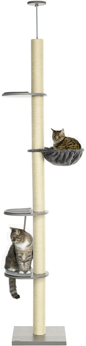 Merax Krabpaal Plafondhoog Verstelbaar 230-250 cm met Hangmat en Zitplatforms Grijs Crème voor Katten