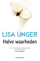 Boekomslag met witte vlinder en blauwe tekst 'LISA UNGER Halve waarheden'.