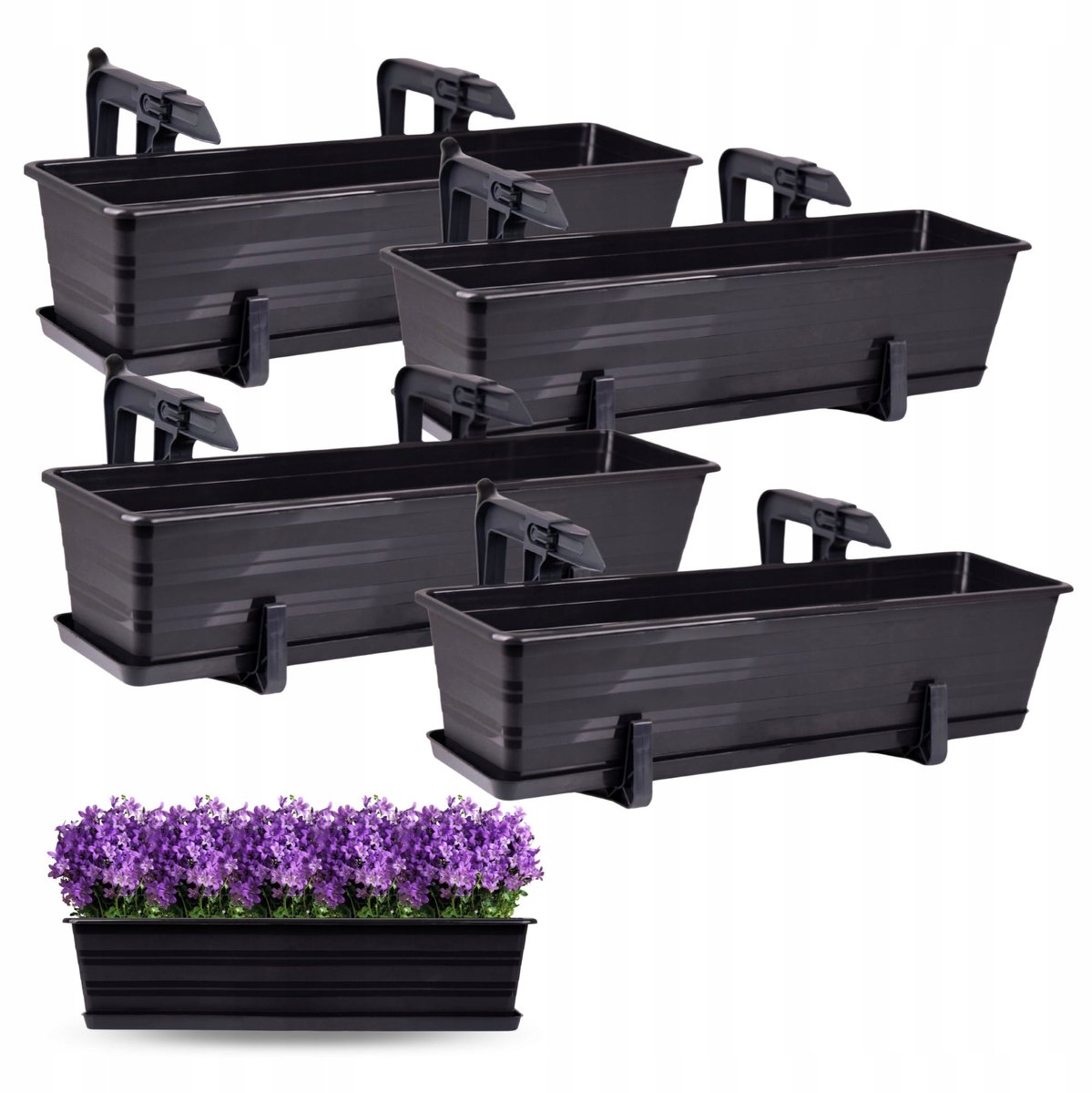 4x Balkonbak Antraciet 60cm met Ophangbeugels & Onderzetters