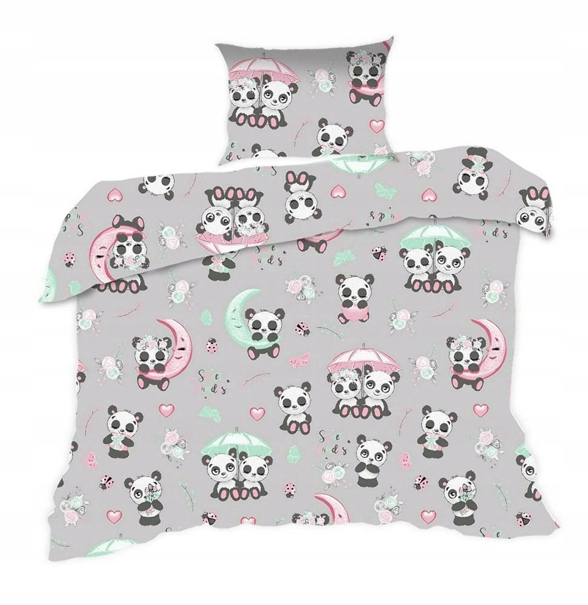 Kinderbeddengoed 90x120 Panda Grijs met Kussensloop 40x60