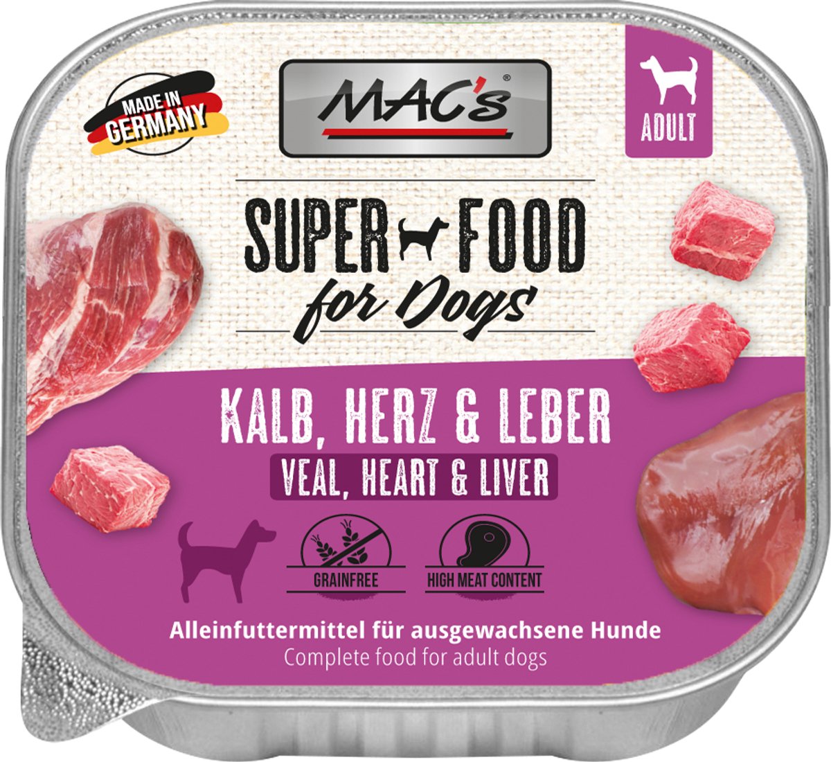 MACs MAC's Hondenvoer Natvoer Vleeskuipje - 70% Kalf, Hart & Lever - 10 x 150 g