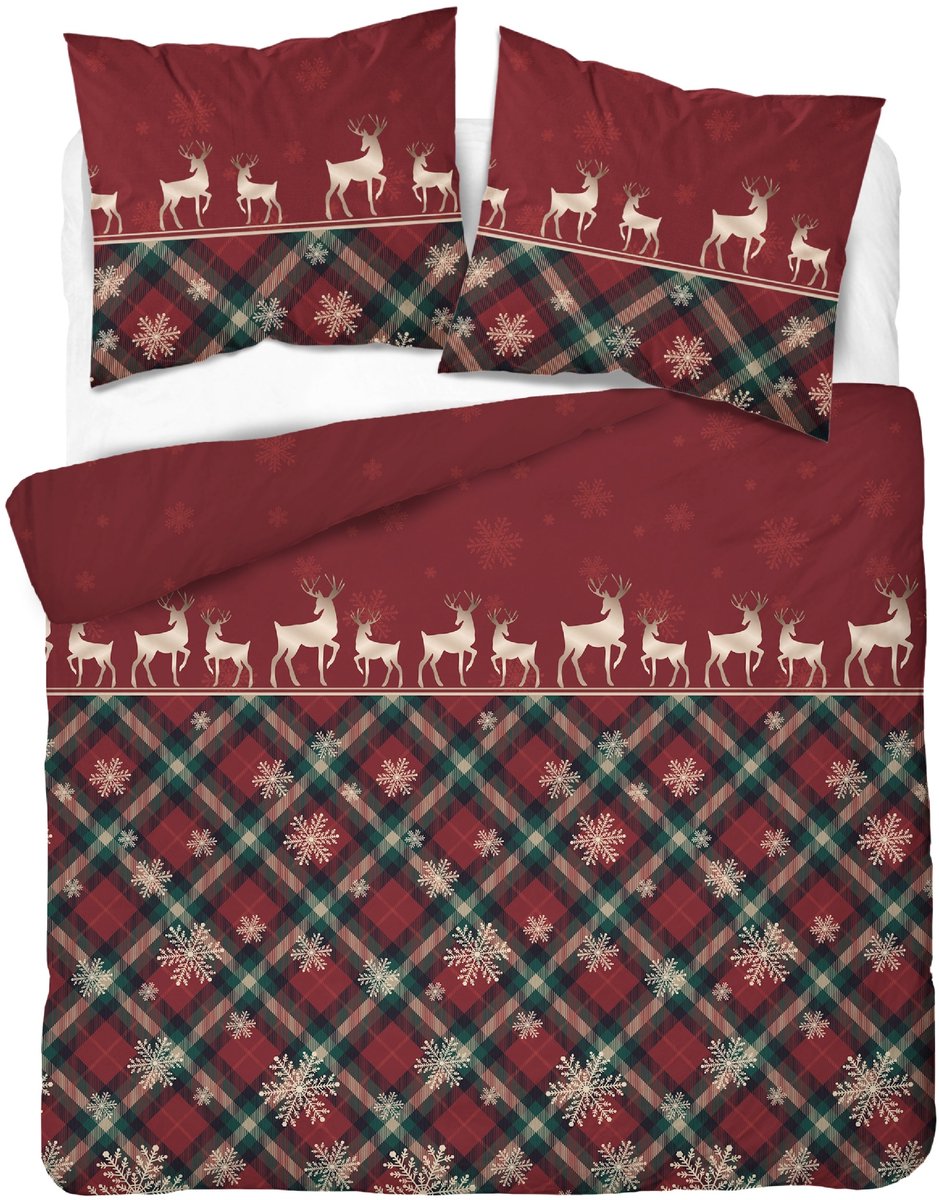 Kerst Dekbedovertrek 160x200cm - Gouden Rendier & Rood Rutex