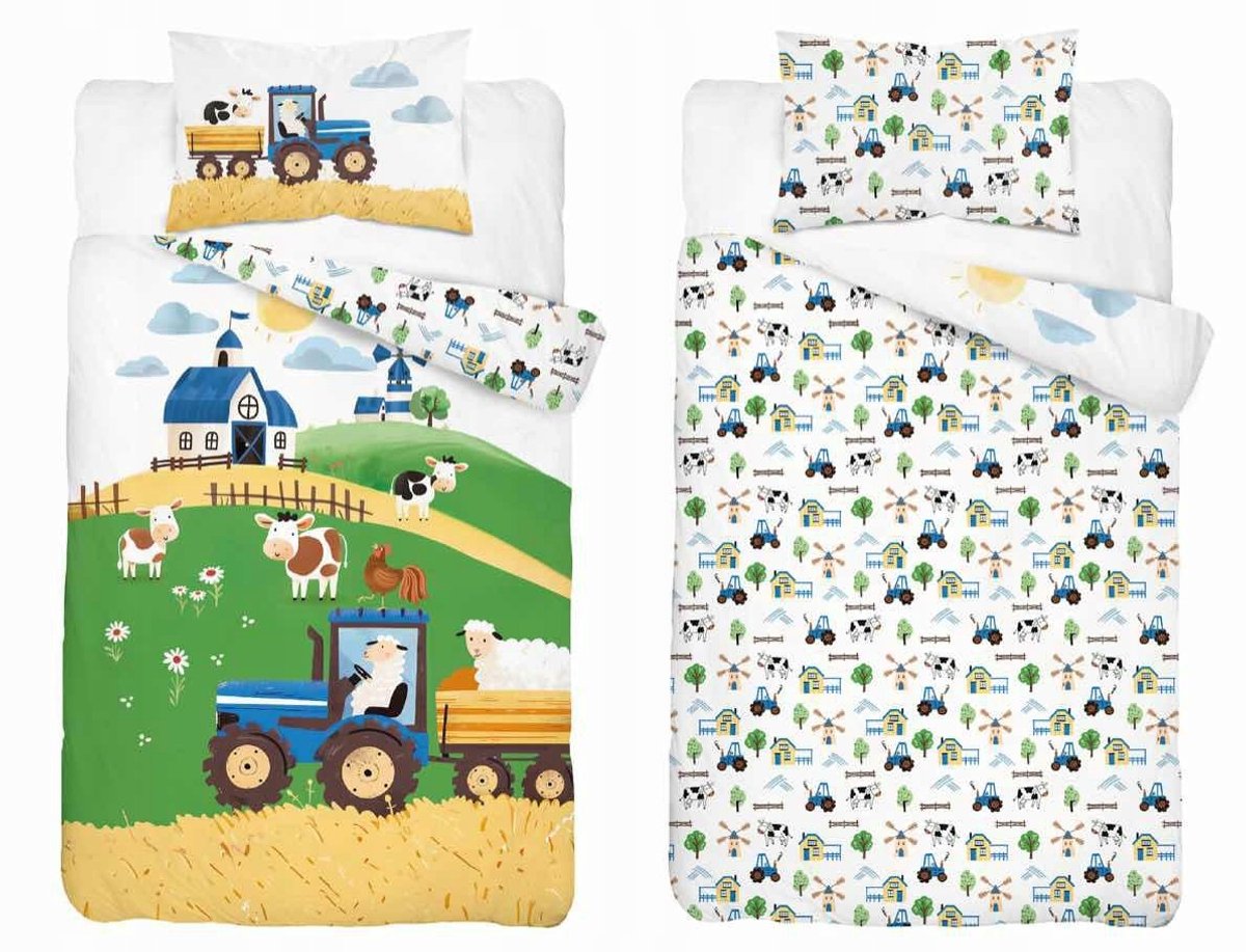Kinderbeddengoed Boerderij Blauwe Tractor 90x120cm Katoen