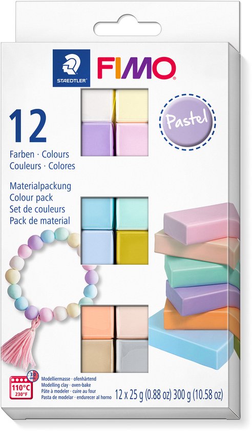 Fimo soft pastel colour pack: 12 kleuren klei, waaronder paars, geel, lichtblauw, en een parelketting.