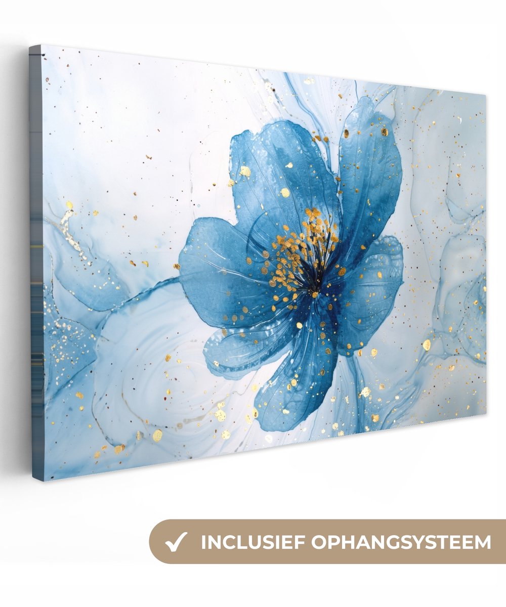 Canvas schilderij 60x40 cm - Wanddecoratie badkamer Bloemen - Blauw - Goud - Watercolor -