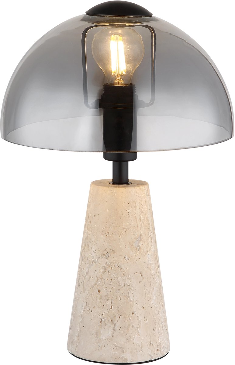 Tafellamp travertin steen grijs bedlamp gerookt glas paddenstoel tafellamp woonkamerlamp, 1x E14, DxH 20 x 31 cm