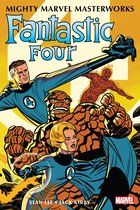 Fantastische Vier in hun blauwe pakken met '4' erop, Mr. Fantastic rekt zich uit, de Thing is op de voorgrond, Invisible Woman kijkt naar voren, en Human Torch vliegt in brand.