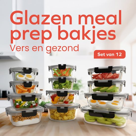 Set de 12 Boîtes de conservation de Prep KitchenBrothers en Verres hermétique, sans BPA, pour la congélation et le stockage des repas. Glas : 6,79 L.