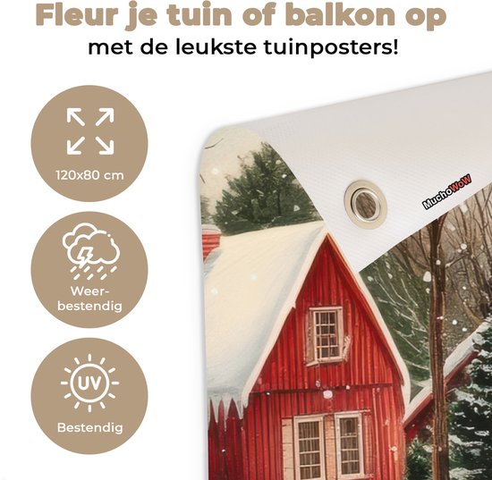 Tuinposter 120x80 cm - Tuindecoratie Kerstsfeer - Landelijk - Rood - Poster voor in de tuin - Buiten decoratie - Schutting tuinschilderij - Tuindoek muurdecoratie - Wanddecoratie balkondoek