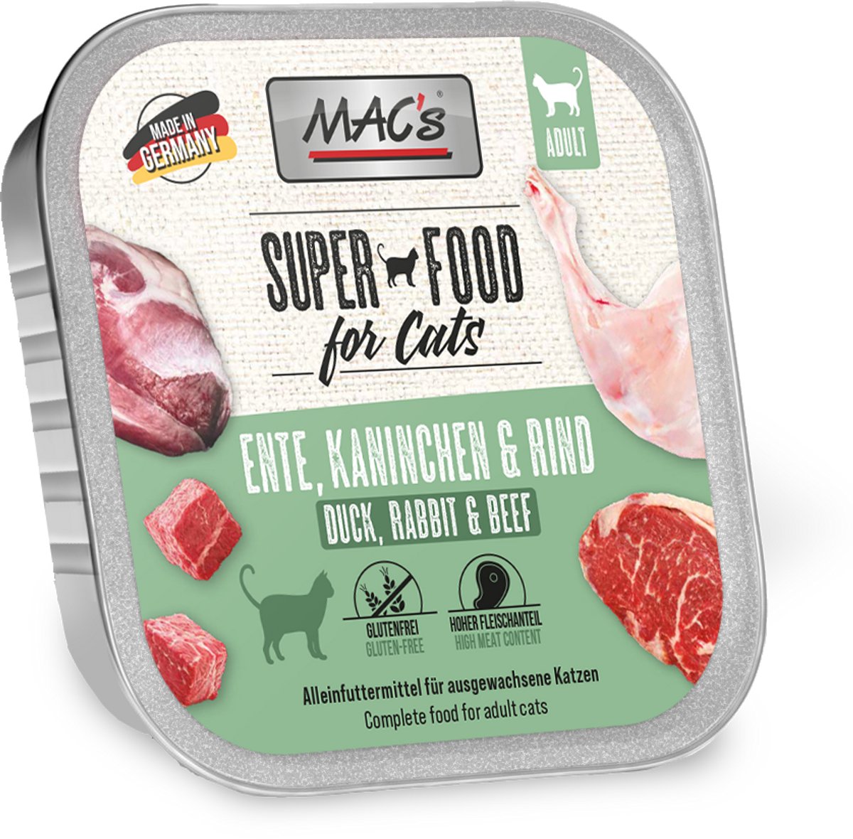 MACs Mac’s Kattenvoer Natvoer - vlees kuipje 70% Eend, Konijn en Rundvlees 6 x 85g