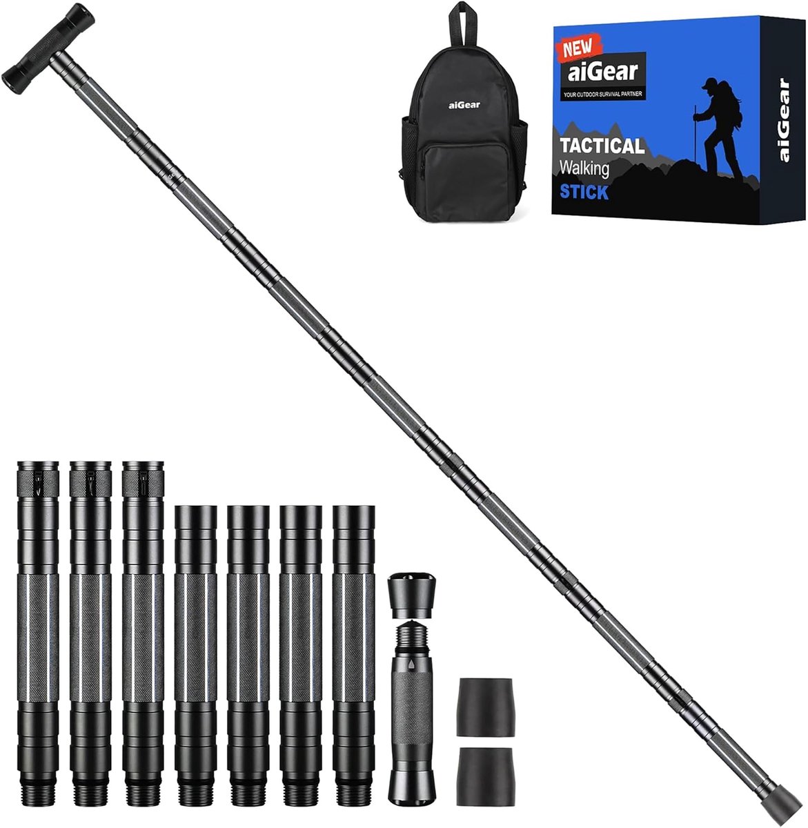 aiGear Trekkingstokken/Wandelstokken | Verbeterde aluminium tactische stokken | Outdoor 5/6/7/8 Tube Trekkingstokken | voor dames, heren, backpacken, wandelen, kamperen | NWT7-BK
