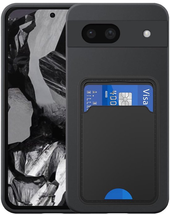 Zwarte telefoonhoes met pasjeshouder en een Visa-kaart, naast een telefoon met een zwart-wit abstract patroon.