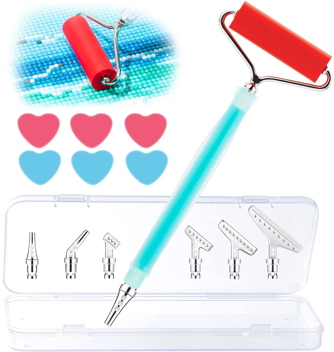 Diamant Painting Pen & Roller Accessoires Set - Ergonomisch - Voor 5D DIY Projecten - Met 6 hartvormige waxstukken, 1 roller en 6 metalen vervangende tips