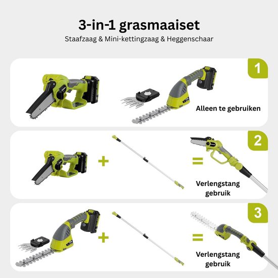 ApexArte® Telescopische Snoeischaar - Mini Kettingzaag - Heggenschaar - Takkenschaar - Takkenzaag - Elektrische Snoeizaag met Accu - Groen van ApexArte — afbeelding 5
