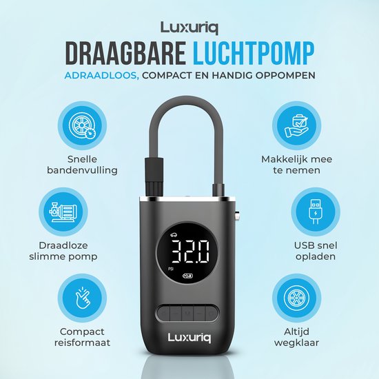 Luxuriq Elektrische Fietspomp - oplaadbare bandenpomp - 150 psi - grijs van Luxuriq — afbeelding 3