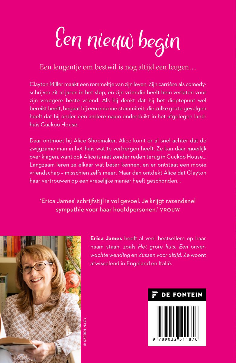 Boekomslag met een glimlachende vrouw en tekst over Erica James en haar boek "Een nieuw begin".