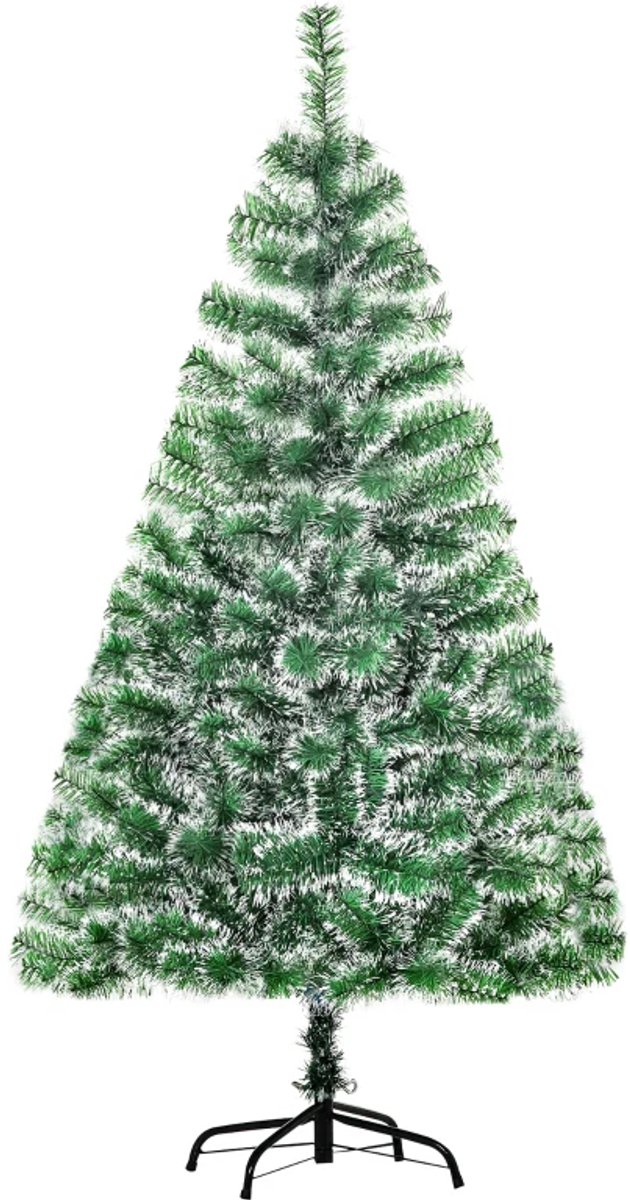 Kunstkerstboom 150 cm - Kerstboom met 416 Tips en Dennenappels- met Sneeuw & Frost - Groen-Witte Sneeuwbedekking - Metalen Standaard - Vlamvertragend - Kerstversiering - Kerstmis - Ø75 cm