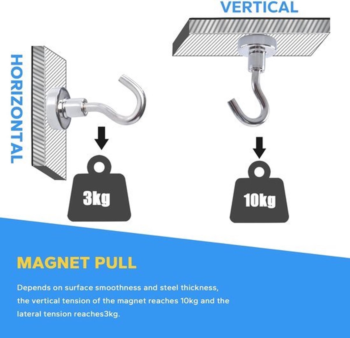 Magneethaken, extra sterk - 10 kg - neodymium magneten met haken - 10 stuks - magnetische haken - stansvrij - voor ijzeren deuren - koelkasten - keukens - kledingrek - kantoor - magneethaken - zilver — afbeelding 6