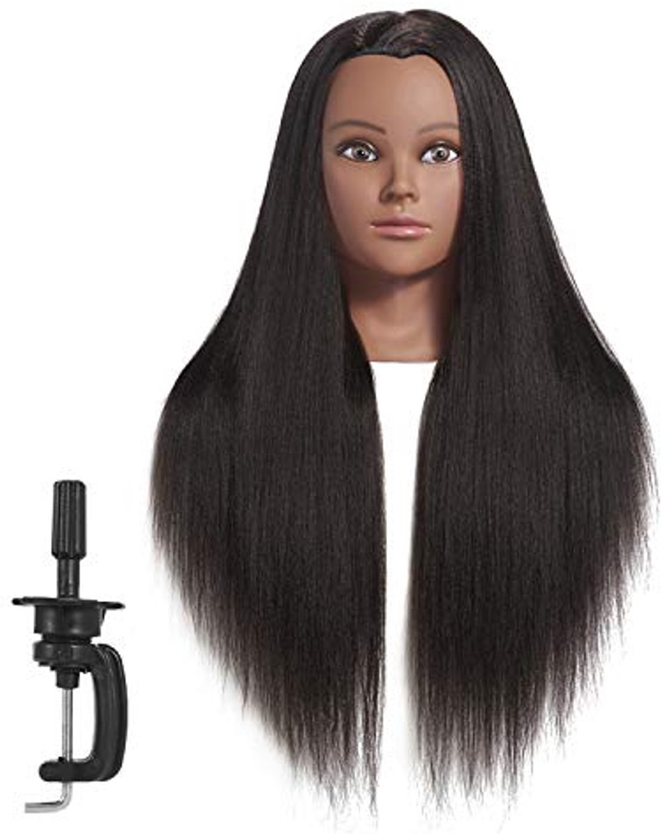 Cosmetologie Mannequin Hoofd voor Haar Styling - Synthetische Vezel Pop met Klem (yaki zwart)