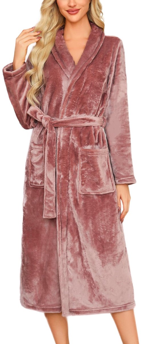 Unyqoos Warme en comfortabele fleece badjas voor dames met lange mouwen en zakken grijsbruin