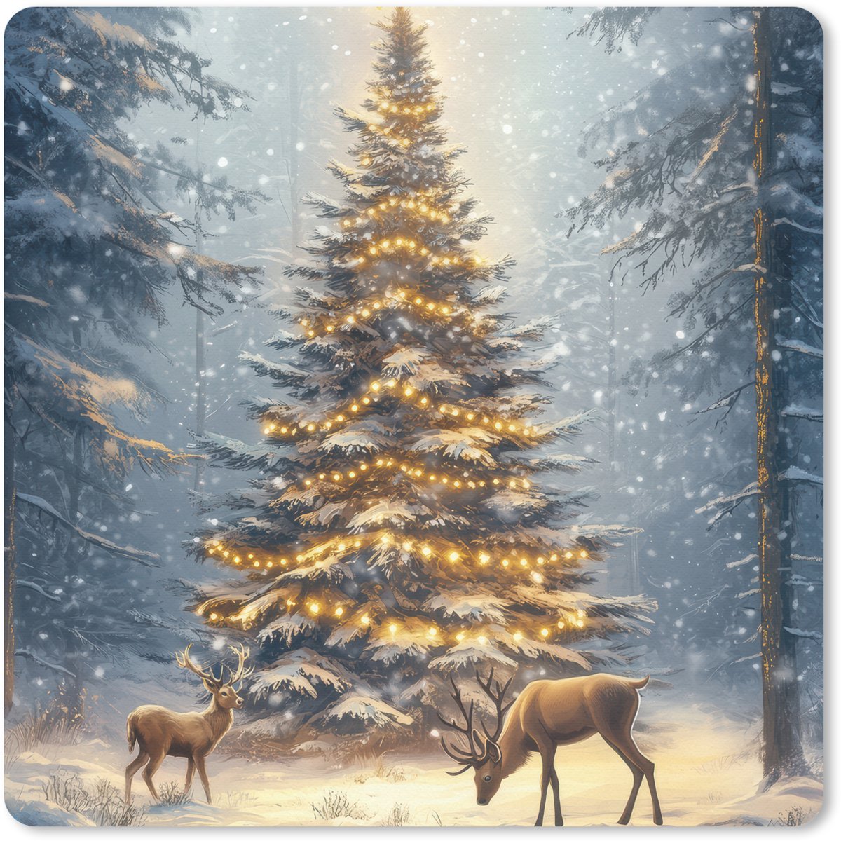 Muismat 30x30 cm - Mousepad Kerstlicht - Woud - Hert - Donker - Muismatten