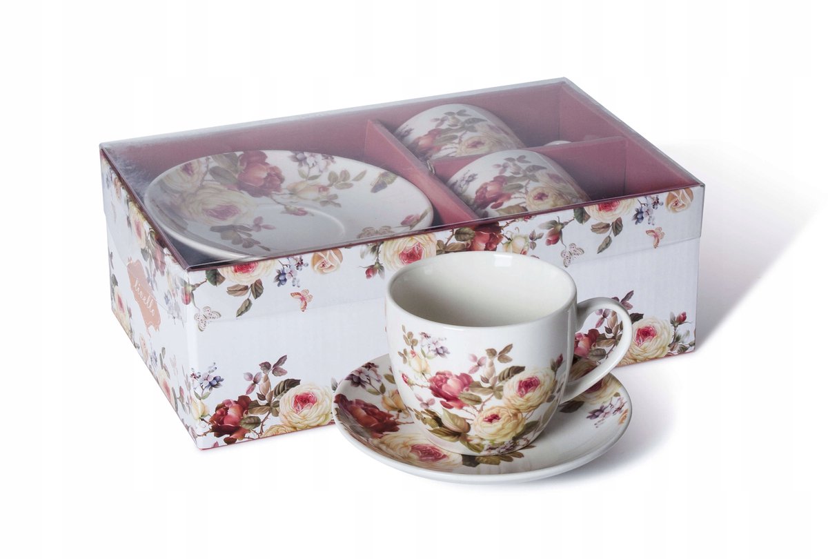 Livello Porseleinen Kopjes met Schotels, 250ml, set van 2, Bloemendesign