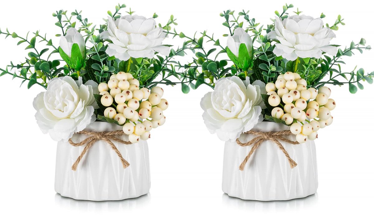 Unyqoos Set van Twee Witte Kunstrozen in Keramieken Vaas voor Diverse Decoratie