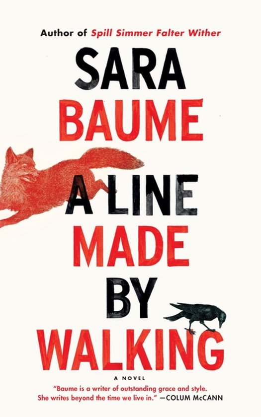 Boek "A Line Made By Walking" van Sara Baume met een rode vos en kraai.