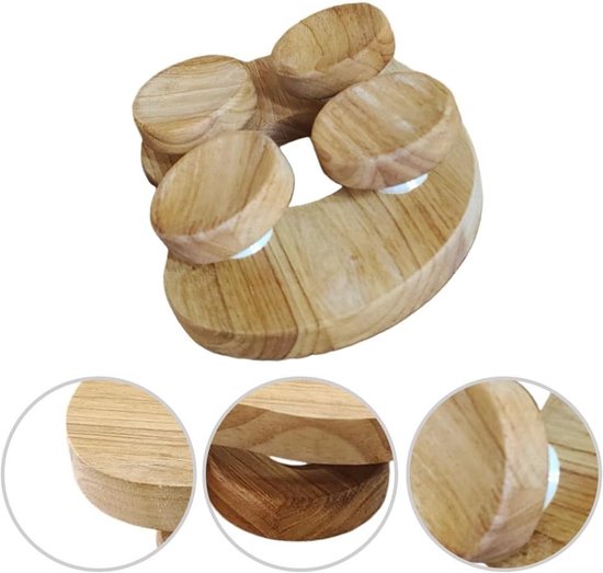 Houten saunahoofdsteun met vier ronde steunen, gedetailleerde close-ups.