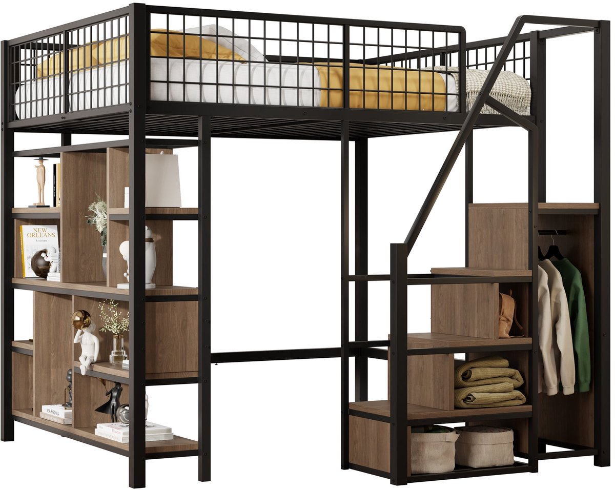 Merax Hoogslaper 140x200 cm - Metalen Bed met Trap en Opbergruimte - Multifunctioneel Tienerbed en Logeerbed - Zwart