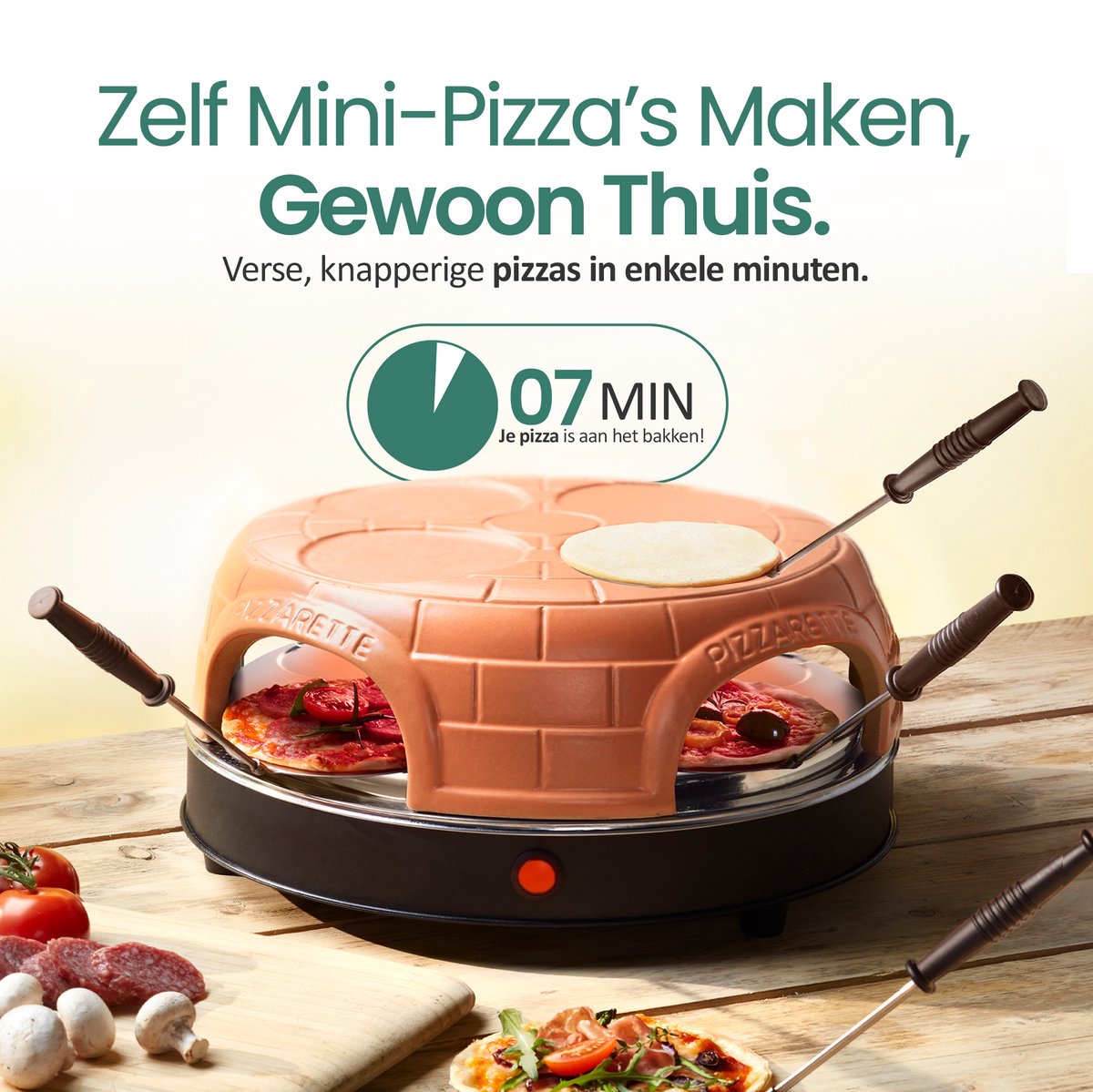 Emerio Pizzarette Origineel - 4 Persoons Pizza Oven - Pre-bake functie - Handgemaakte terracotta koepel - 4 Geïsoleerde bak spatels - RVS bakplaat - PO-115847.1 1000W – foto 4