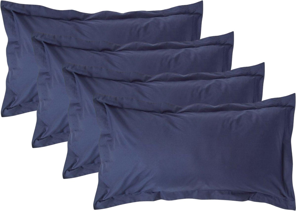 Homescapes Kussensloop 50x90 cm met Rand (Oxford) Set van 4 – Marineblauw – 100% Egyptisch Perkal Katoen – 200 TC
