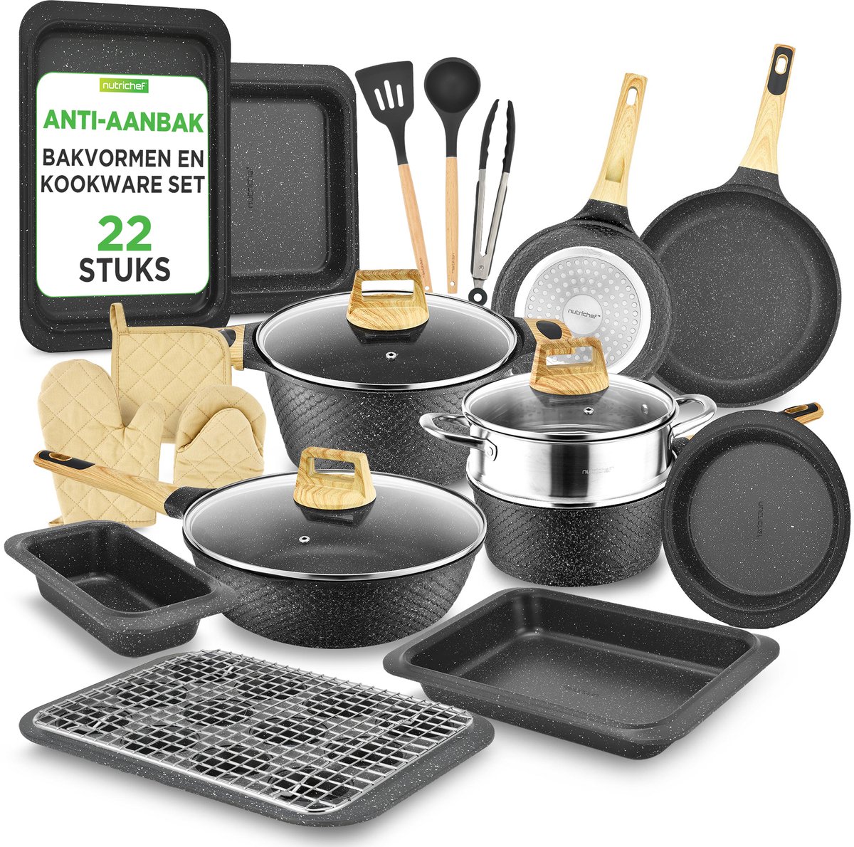 NutriChef Pannenset- Inductie 22-delige Anti-aanbak Pannenset - Professionele pannen, potten & hittebestendige tools