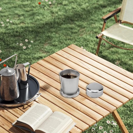 Opvouwbare beker 304 RVS - To go - Set van 2 - 250ML - Roestvrij stalen opvouwbare mok - Opvouwbare reisbeker - Koffie - Thee - Onderweg - Camping - Herbruikbaar - Pocket cup - Outdoor wandelreizen — afbeelding 2
