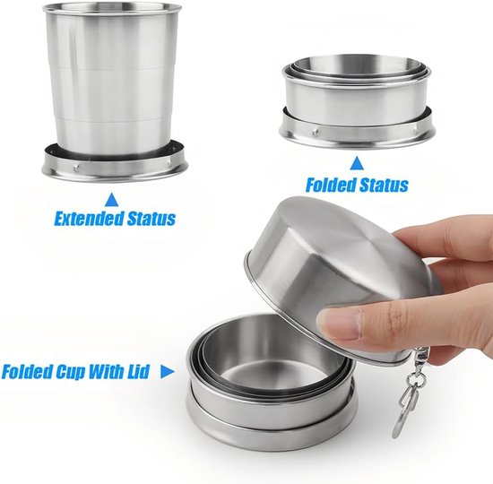 Opvouwbare beker 304 RVS - To go - Set van 2 - 250ML - Roestvrij stalen opvouwbare mok - Opvouwbare reisbeker - Koffie - Thee - Onderweg - Camping - Herbruikbaar - Pocket cup - Outdoor wandelreizen — afbeelding 4