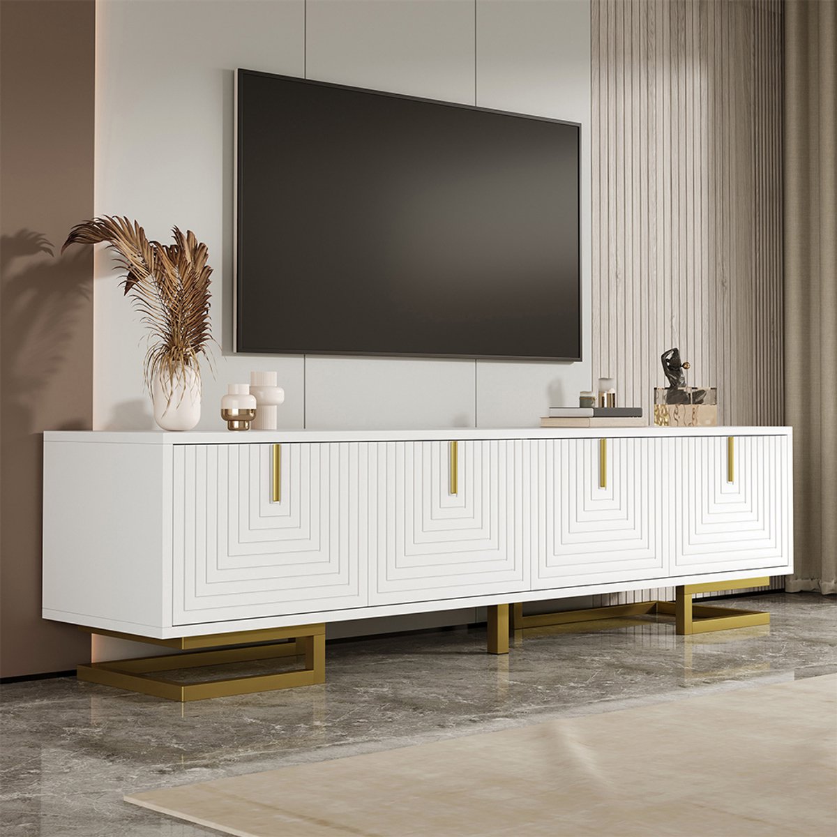 KOMHTOM BLACKCOLORS TV-meubel, laag meubel met gestructureerde deuren, TV-meubel, gouden handgrepen en gouden poten Wit