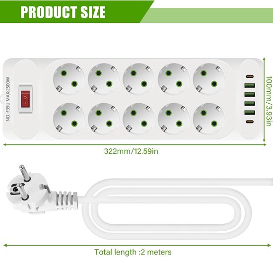 10 ft verlengsnoer met meerdere uitgangen, platte stekker, surge protector en 3 USB-poorten (1 USB C), multi-outlet wandplug voor reizen, college en slaapkamer