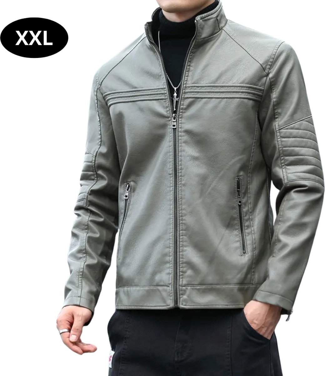 Nivard Kunst Leren Jas Leather Jacket Lederen Jas Bomberjack Pilotenjack Blazer Biker Motorjas Motormuis Heren Grijs