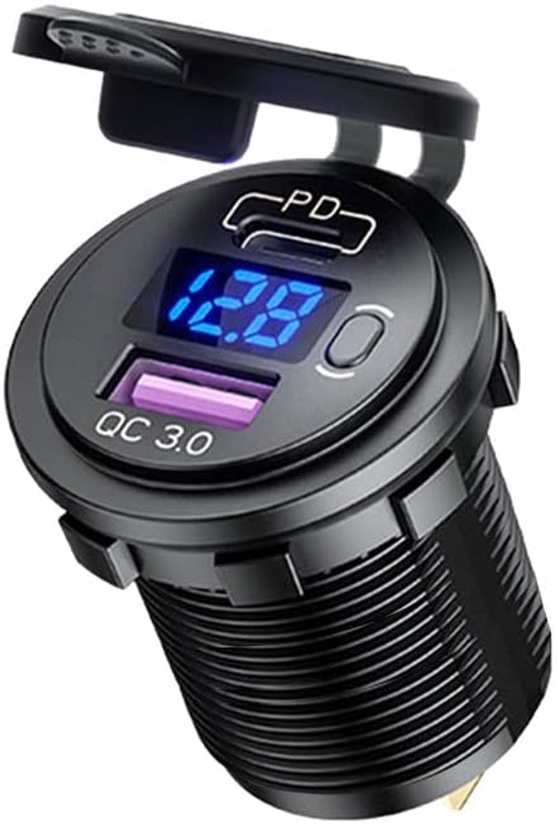 USB-auto-aansluiting, snellader QC3.0+ PD3.0-laadpoorten geschikt voor schakelaar voor 12V/24V-voertuigen, auto's, boten, motorfietsen, SUV's, bussen, vrachtwagens, caravans, boten ...