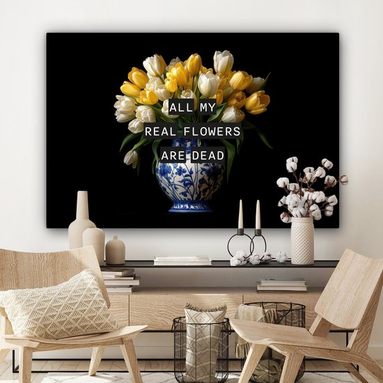 Peinture sur toile 120x80 cm - Décoration murale Citations - Bloem - Tulipe - Jaune - Décoration murale murale salon - Décoration chambre - Accessoires de chambre - Peintures sur toile