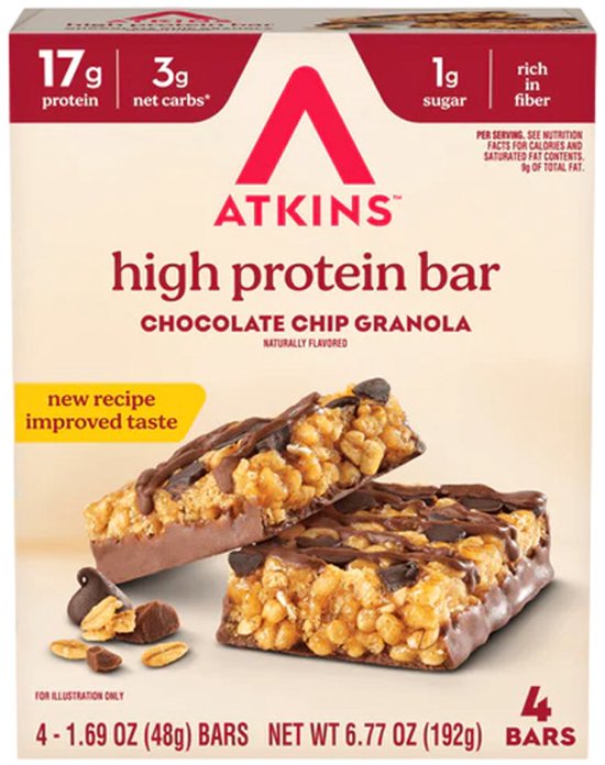 Atkins High Protein Bar, chocolade chip granola, natuurlijke smaak. 17g eiwit, 3g netto koolhydraten, 1g suiker, rijk aan vezels. 4 repen.