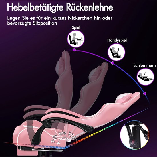 Gamingstoel met Massagepunten en Inklapbare Voetensteun - Ergonomische Racingstoel, Hoogte Verstelbaar, Draagvermogen 180 kg, Roze van Merkloos — afbeelding 5