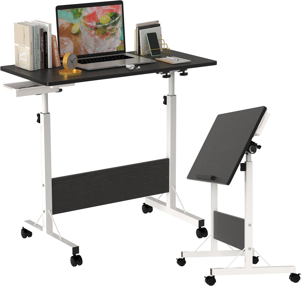 PIPIPOXER- Opvouwbare Laptoptafel met wielen, computertafel, bijzettafel, bureau, mobiele statafel, bedtafel, in hoogte verstelbaar, 80x40x64-89cm, Zwart