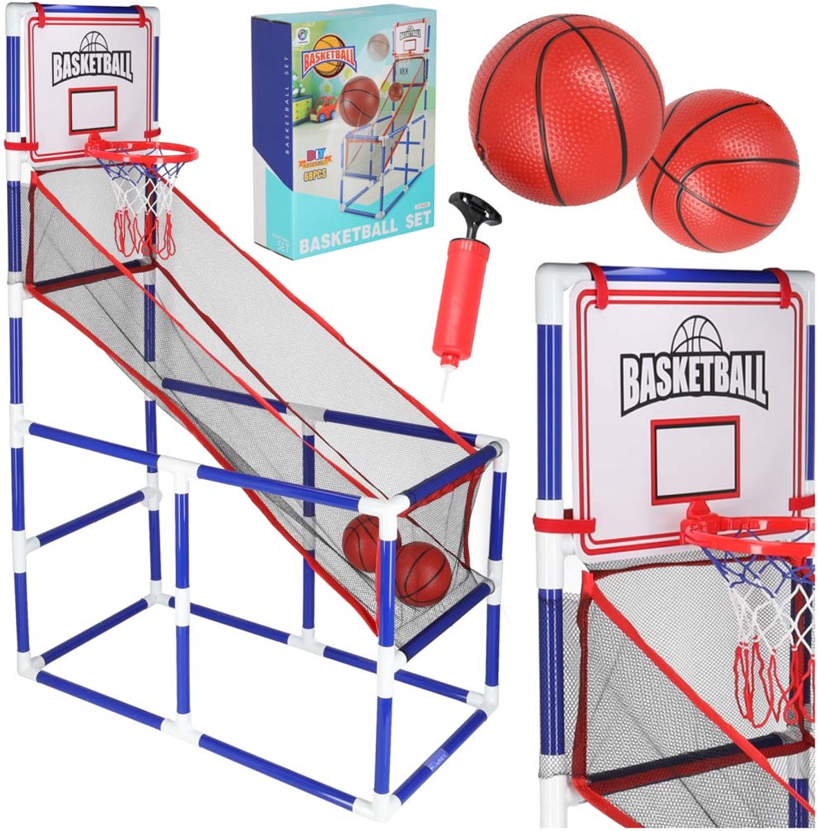 COSTWAY Basketball Basket, Foldable, with 2 Baskets, 4 Balls, Inflatable Pump, Arcade Basketball Game for 1 to 4 Players with Pointing System, 8 Play Modes for Kids and Adults (Grey