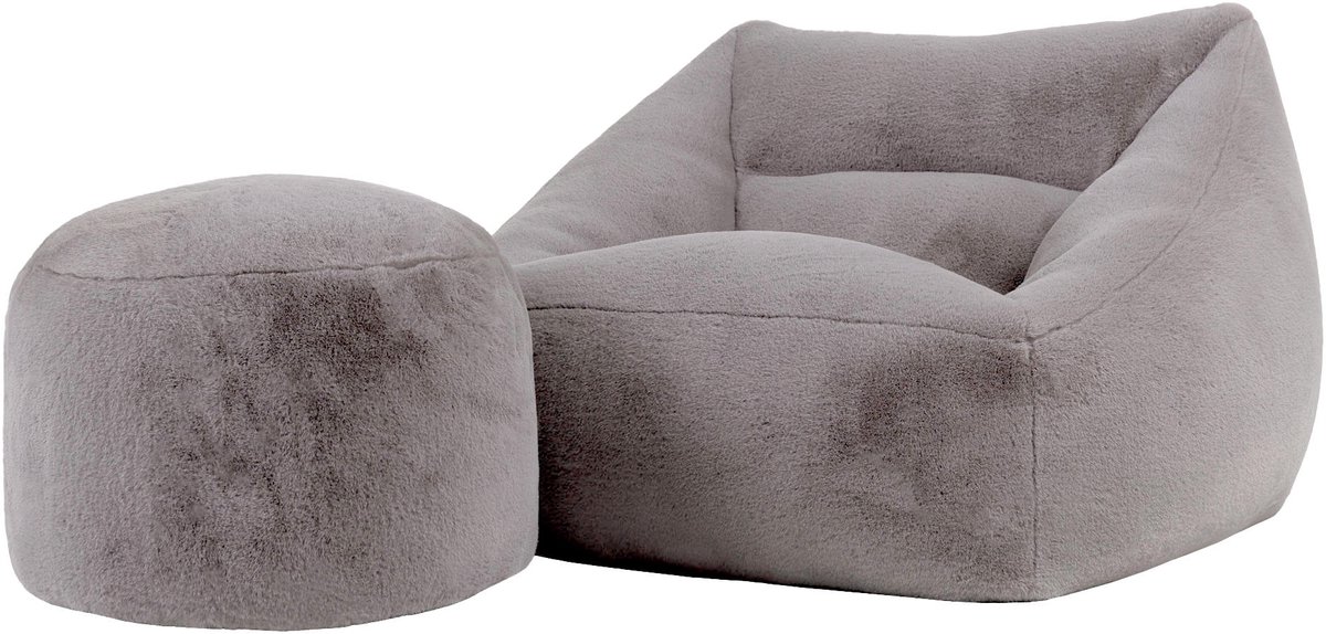 Icon Natalia XL Zitzak Fauteuil met Ronde Poef - Fluffy Pluche Imitatiebont - Grijs